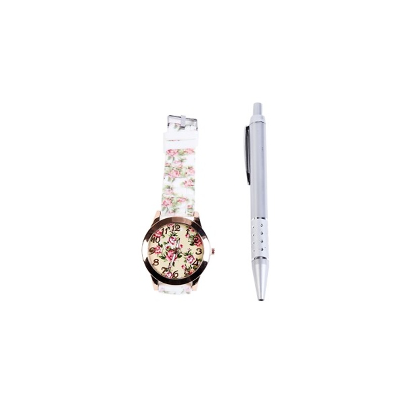 Reloj floral en caja regalo y bolígrafo 